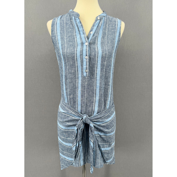 Drew Dress Womens XS Morgan Blue Striped Sleeveless Tie Front Linen Blend Shift - Picture 2 of 12